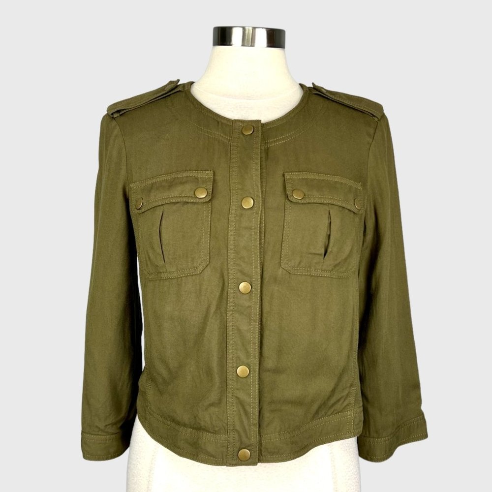 Rachel Roy Womens Snap Front Crop Utility Jacket Olive Green Bomber size Large